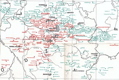 Insediamenti nel 1938 intorno a Łódź tra i fiumi Warta (W), Bzura (N) e Pilica (SE) da Albert Breyer